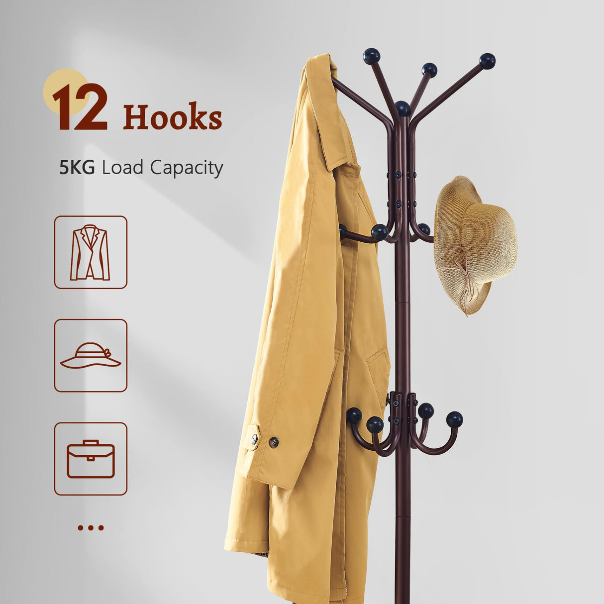 FAVOOSTY Coat Rack Freestanding,Coat Rack Stand with Umbrella Holder,Metal Coat Rack with 12 Hooks,Tree Clothes Hat for Entryway,Hallway,Living Room,Bedroom, Office To Hang Clothes-Brown FAVOOSTY