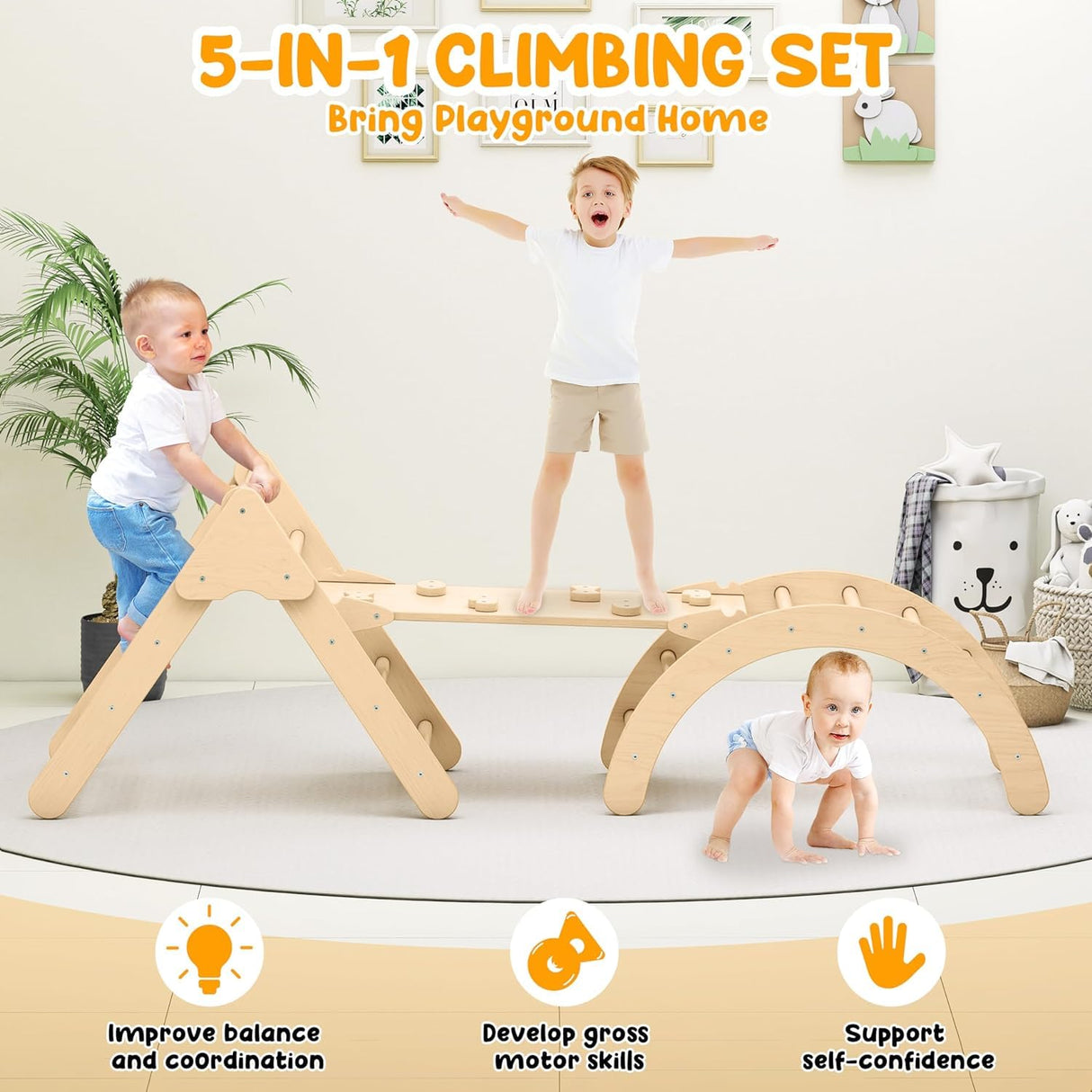 Zupemo Toddler Climbing Toys, Montessori Pikler Triangle Set for Toddlers Inside, Foldable Climbing Set with Arch Ramp, Triangle Climber, Rock Climber, Slide, Rocker, Wooden Pikler Triangle Gym Indoor Zupemo