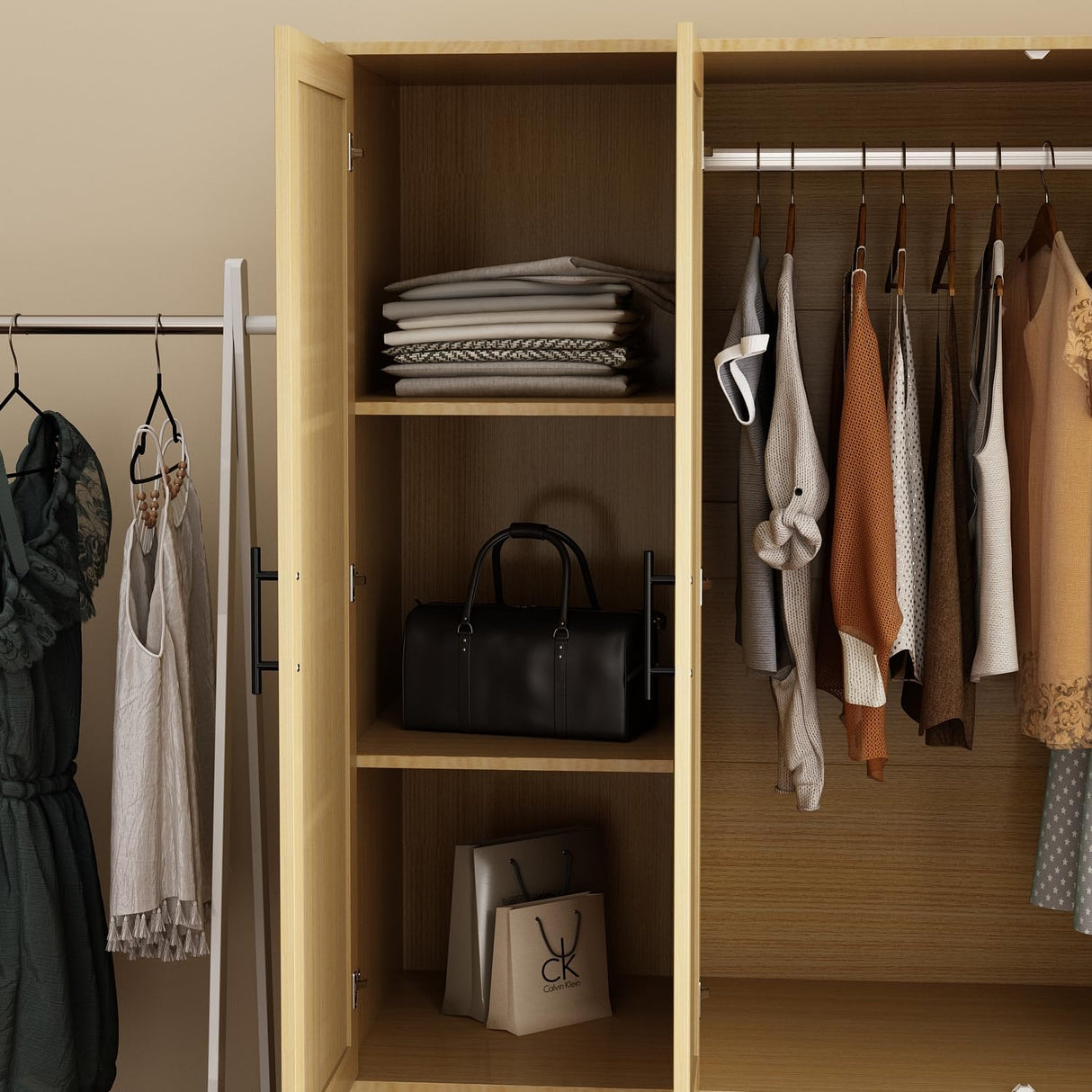 Homsee 6-Door Wardrobe Armoire Closet, Large Bedroom Cabinet Armoire with Rattan Doors, 2 Drawers, Hanging Bars & 7 Shelves, Light Brown Homsee