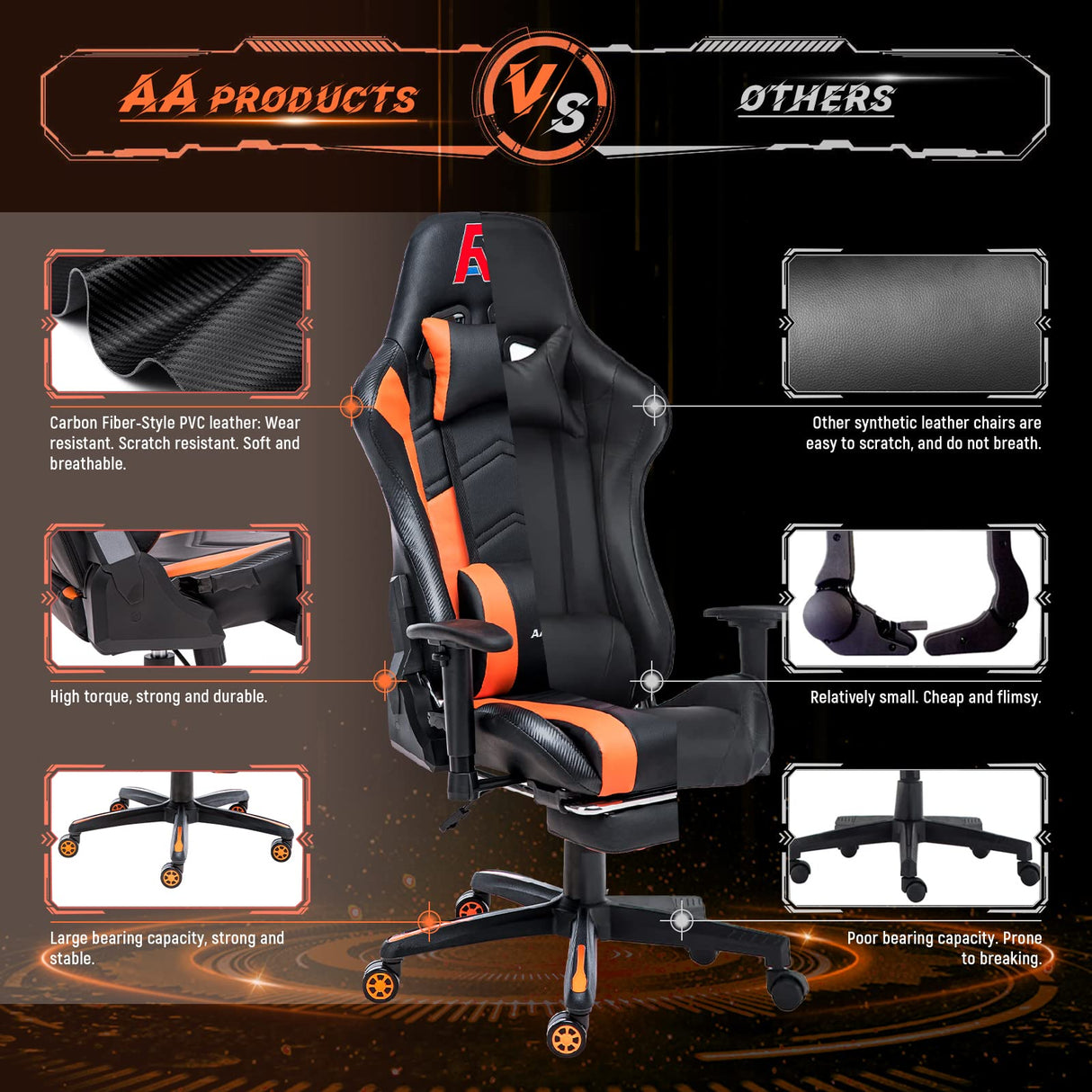 AA Products Gaming Chair Ergonomic High Back Computer Racing Chair Adjustable Office Chair with Footrest, Lumbar Support Swivel Chair - BlackOrange AA Products Inc.
