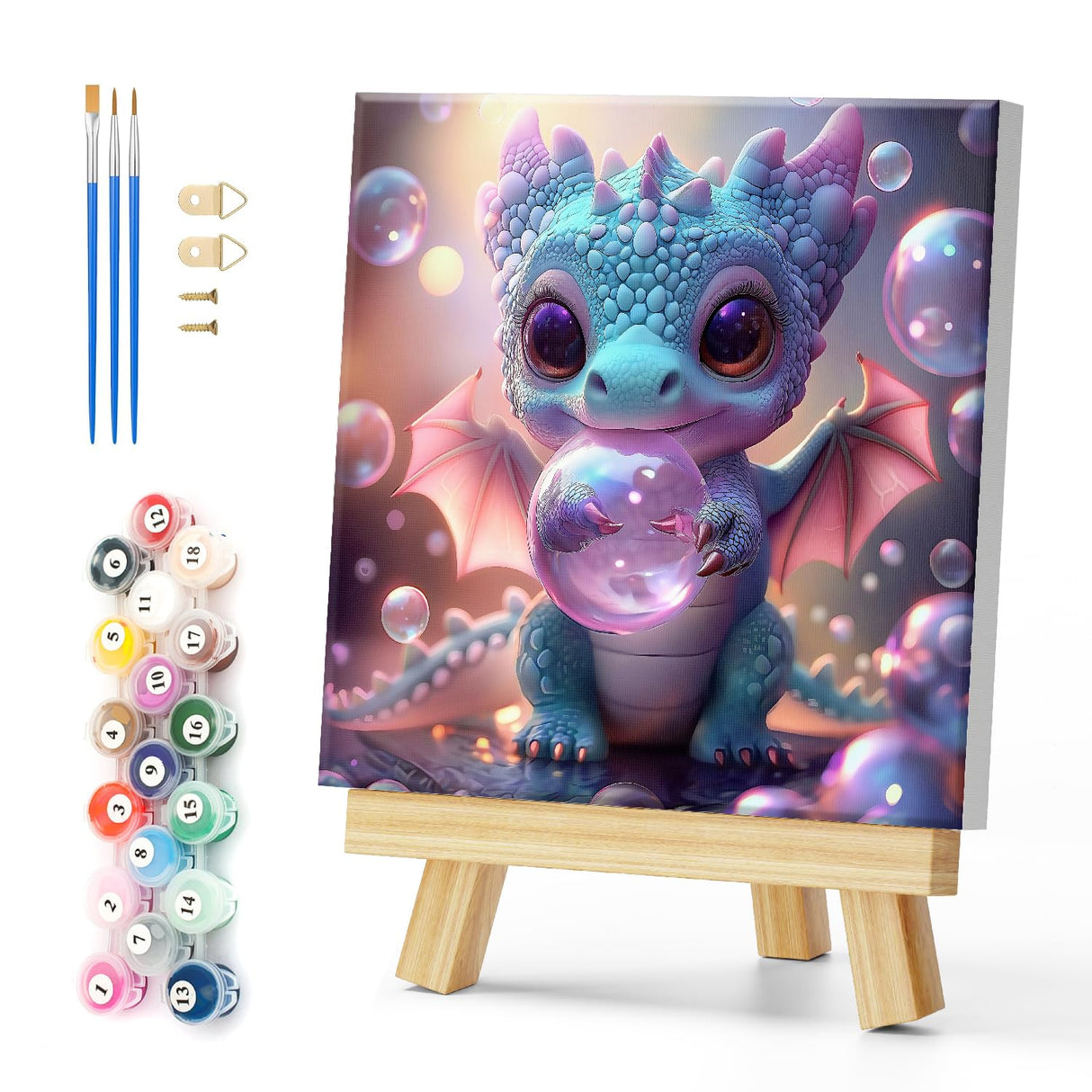 Natuyalo Framed Paint by Numbers Kit for Adults Beginner, Dragon Baby Acrylic Adult Paint by Number Kits on Canvas with Frame, Blow Bubbles Canvas Painting Perfect for Home Decor 12"x12" Natuyalo