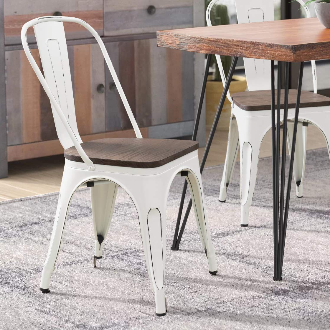 Furniwell Metal Dining Chairs with Wood Seat, Indoor Outdoor Use Stackable Tolix Industrial Metal Chairs Set of 4 for Kitchen, Dining Room, Bistro and Cafe (White) Furniwell