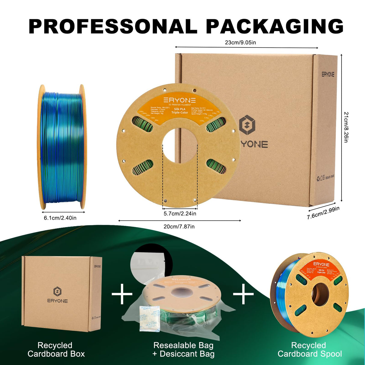ERYONE Silk Tri Color PLA Filament 3D Printer 1.75mm +/- 0.03mm, Multicolor Filament Tricolor PLA 1KG(2.2lbs) Cardboard Spool, Red Blue Green ERYONE