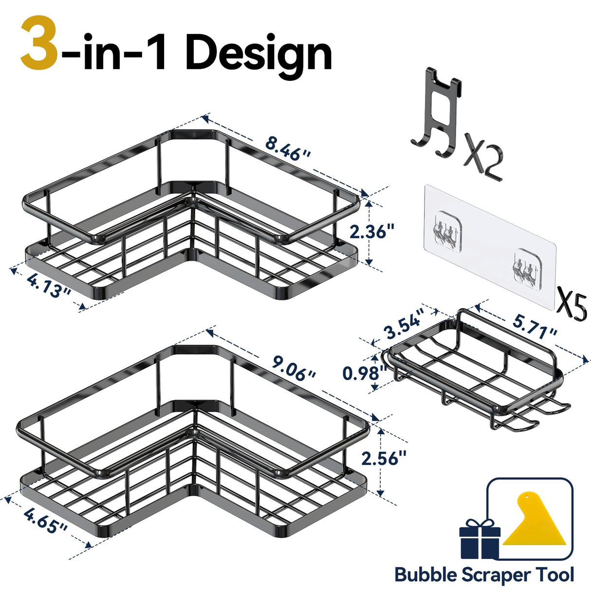 YASONIC Corner Shower Caddy Organizer, 3-Pack Adhesive Rustproof Stainless Steel Shower Shelves with Soap Holder, No Drilling Shower Storage Rack for Family Renters Bathroom, Black YASONIC