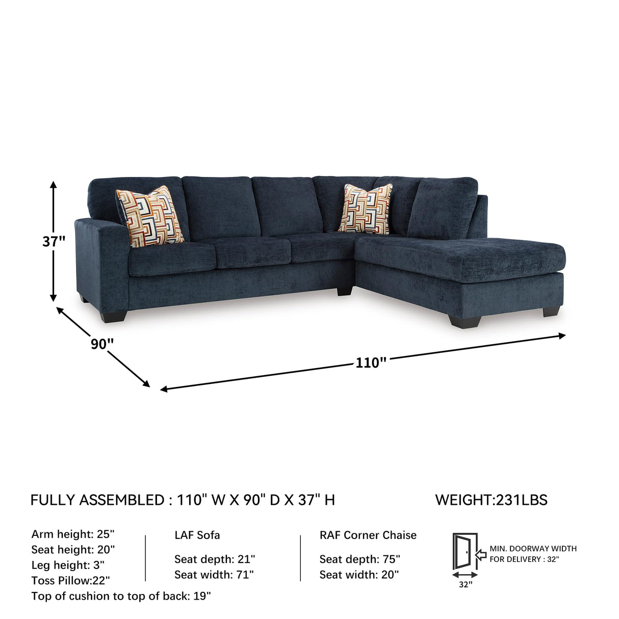 Signature Design by Ashley Aviemore Casual L-Shaped 2-Piece Sectional with Chaise for Living Room, Blue Signature Design by Ashley