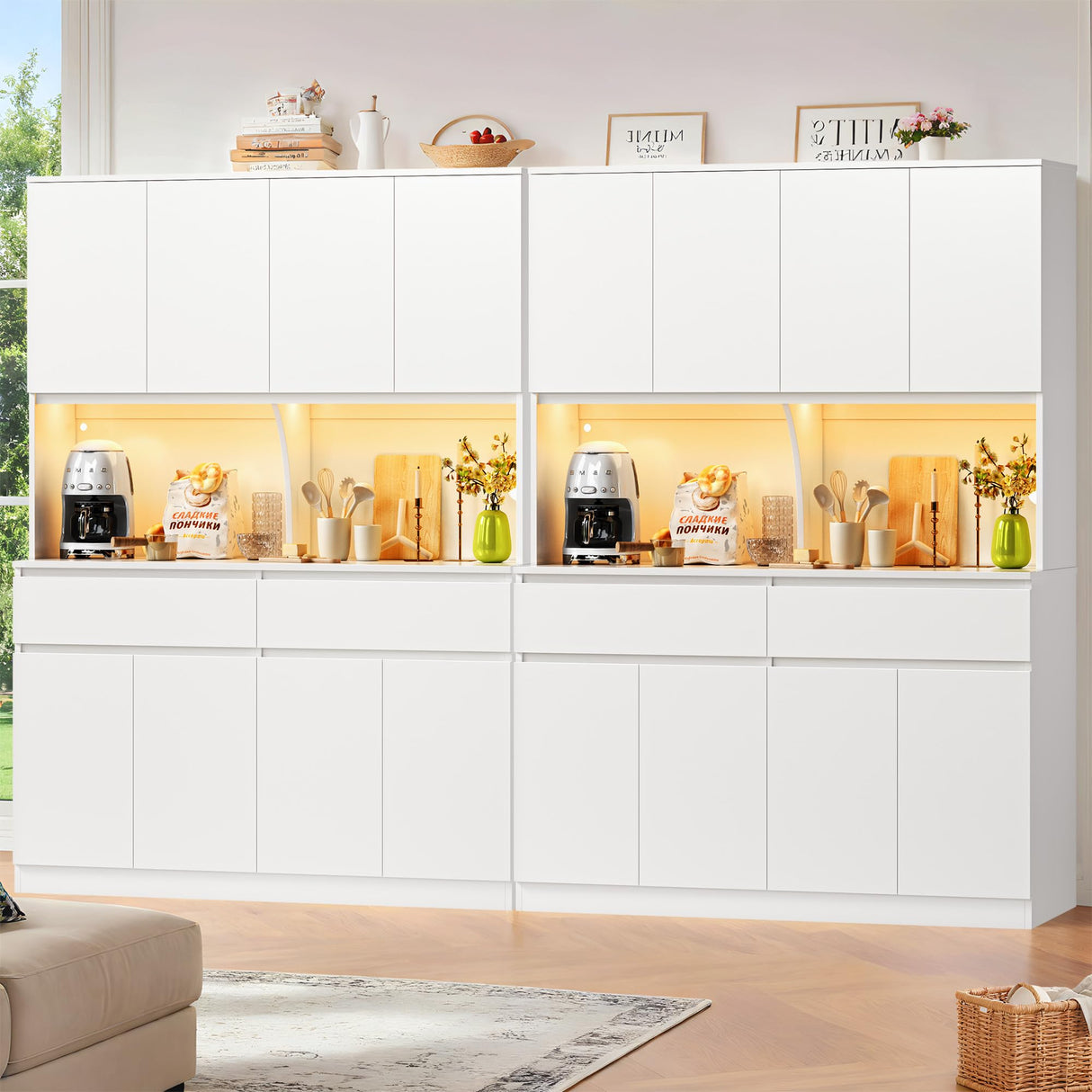 Large Hutch 75"H x 55"W Tall Kitchen Pantry with Doors and Drawers, LED Light Countertop Coffee Bar Buffet Adjustable Shelves in Storage Cabinet, Modern Freestanding Food Pantry Cupboard, White Keyluv