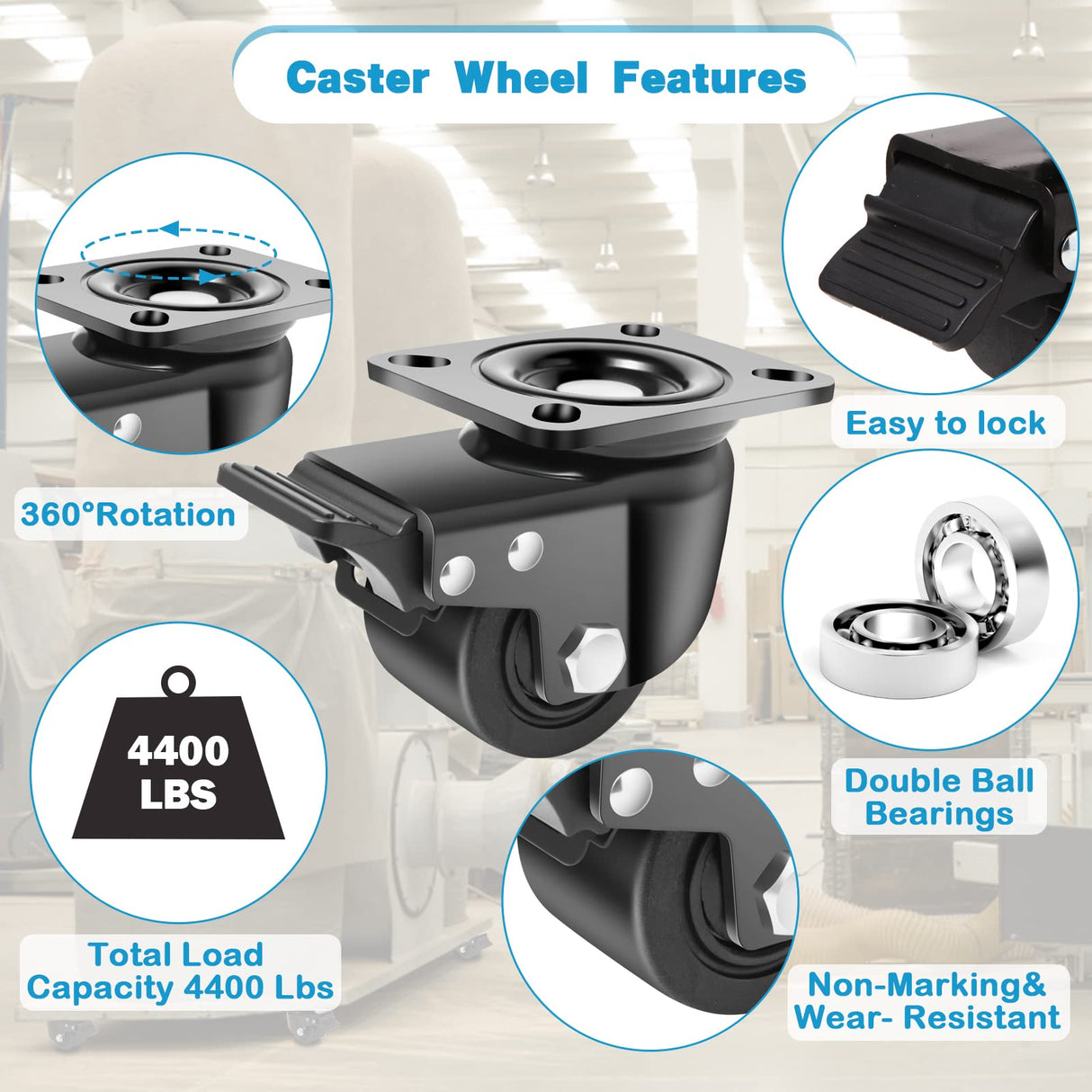 Nefish 3 Inch Caster Wheels Set of 4, Heavy Duty Plate Swivel Casters 4400 LBS, Low Center of Gravity Design Nylon Industrial Caster Wheels for Equipment, Machine, Toolbox Workbench Nefish