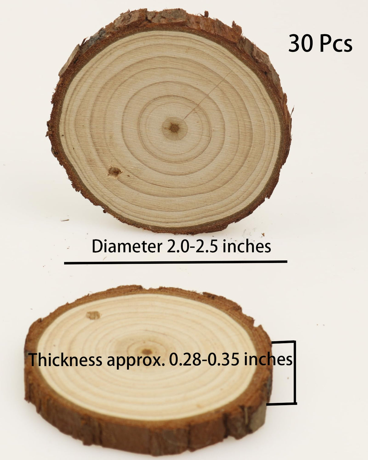 Natural Wood Slices 30 Pcs 2-2.4 Inches Craft Unfinished Wood Kit Predrilled Wooden Rounds with Bark, Wood Circles with Hole, Wood Slices for Crafts Ideal for DIY Projects, Christmas Ornaments ASSIRES