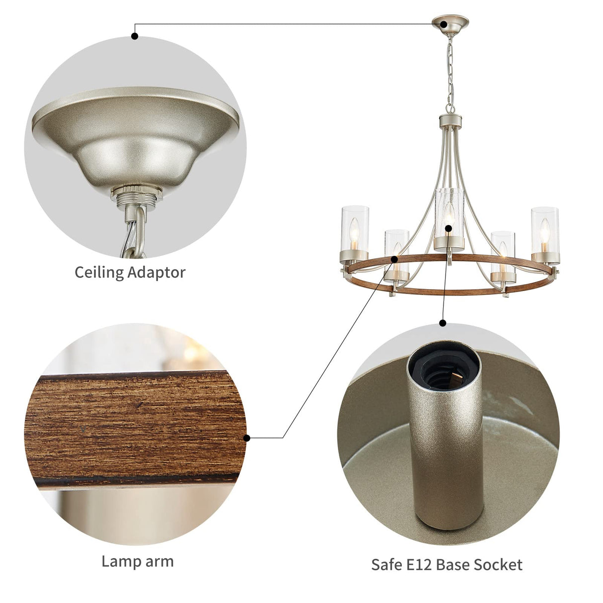 WUZUPS 5-Light Wagon Wheel Chandelier Rustic Farmhouse Industrial Round Pendant Light Fixture with Clear Seeded Glass Shades for Dining Room Kitchen Island, Imitation Wood Grain Nickel WUZUPS