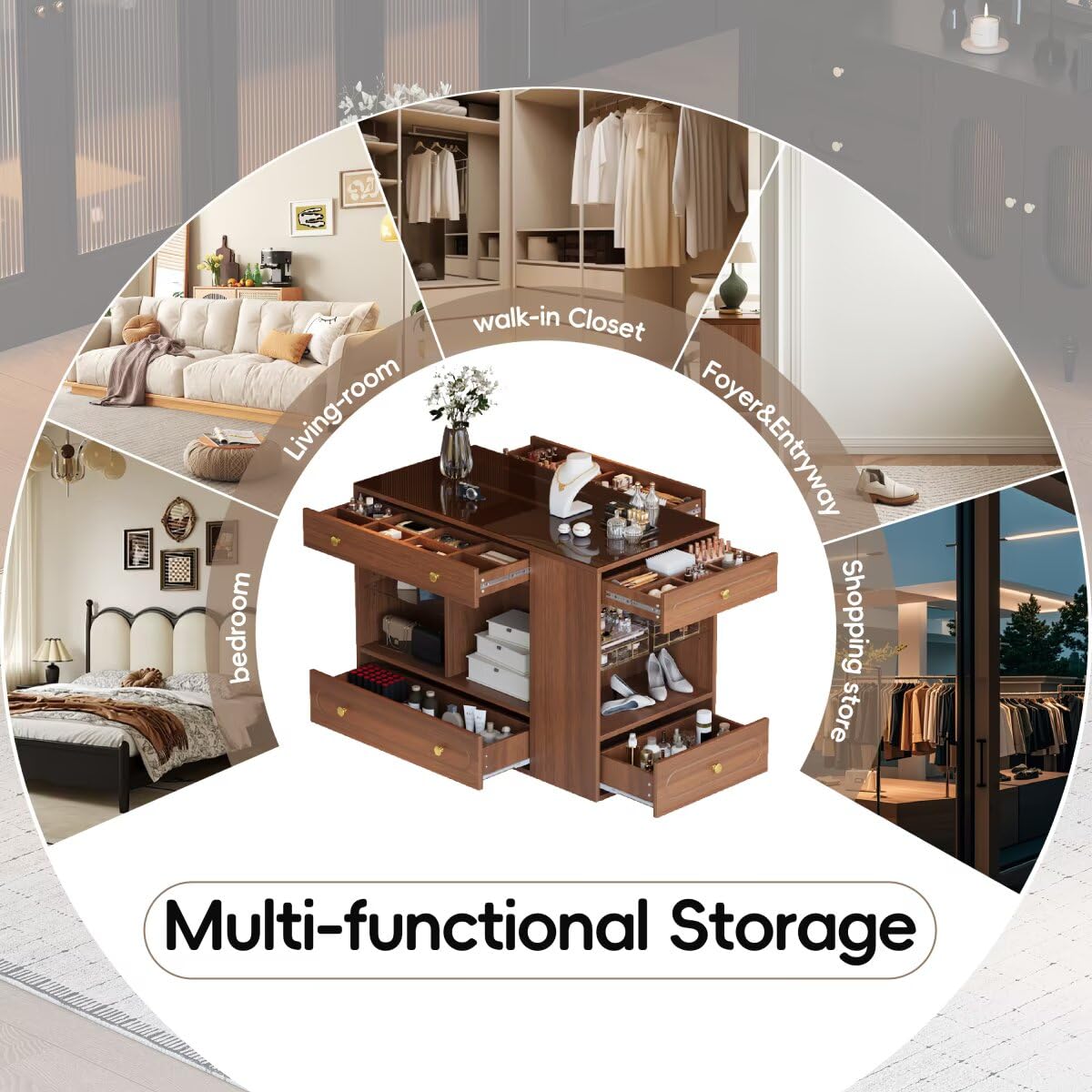 47.3" Closet Island with 6 Drawers Table, Wardrobe Armoire Island with Glass Display Top and Open Shelves, Jewelry Storage Vanity Island with compartments, Walk-in Closet Island for Cloakroom,Walnut JIJIWANG