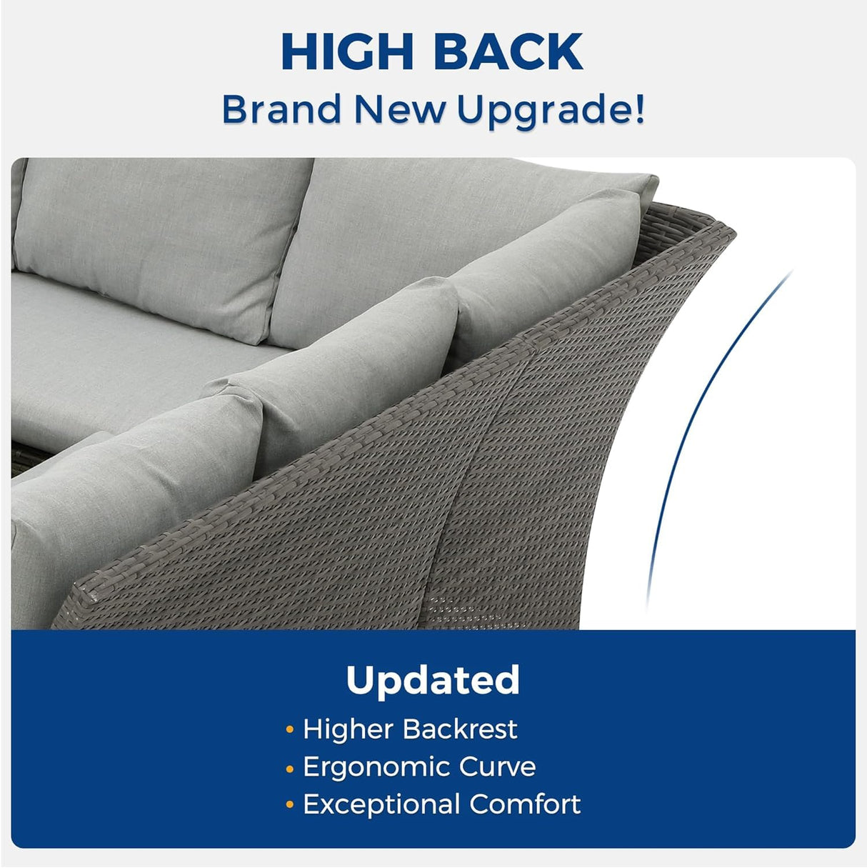 Wisteria Lane Patio Furniture Set, 7 Piece High Curved Back Outdoor Dining Sectional Sofa with Dining Table and Chair, All Weather Wicker Conversation Set with Ottoman, Grey Wisteria Lane