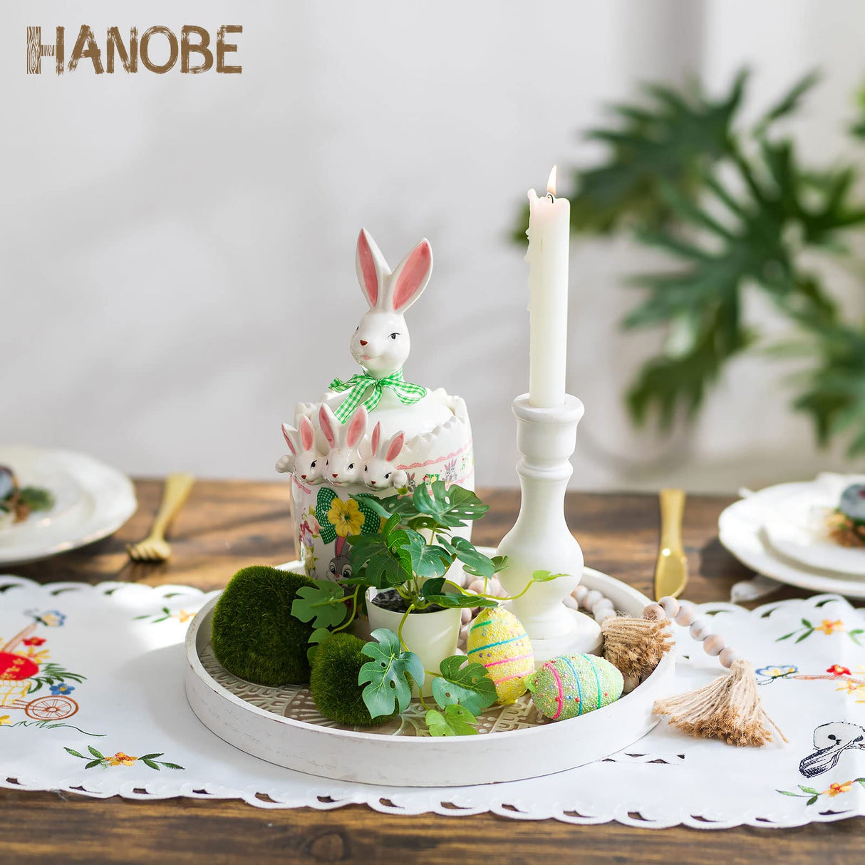 Hanobe Decorative Serving Tray Round: Farmhouse Coffee Table Tray for Ottoman Boho Wooden Centerpiece Rustic White Washed Mandala Home Decor Living Dining Room Kitchen Counter Display Hanobe