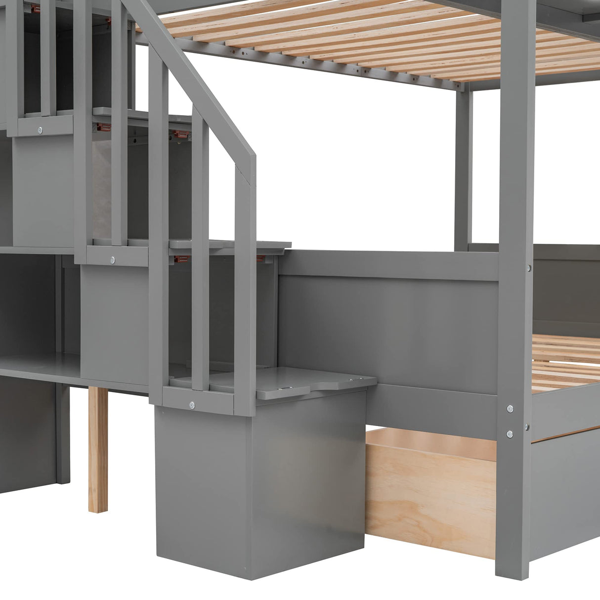 Bunk Bed Twin Over Full with Storage Staircase and 2 Drawers, Wooden Bunk Bed Frame with 4 Storage Shelves for Kids Boys Girls Teens (Gray@028) Brabrety