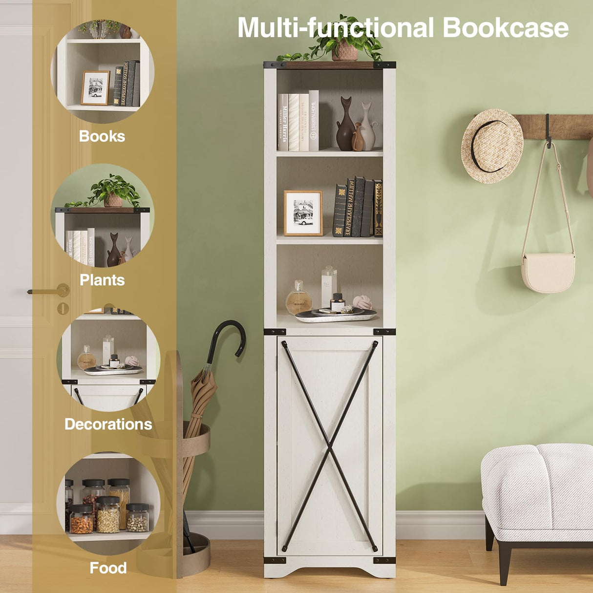 Vabches 5 Tier Bookcase with Doors Set of 2, 67” Tall Farmhouse Bookshelf with Storage Cabinet, Adjustable Shelves & Barn Door, Narrow Wooden Book Shelf for Living Room, Office, Antique White Vabches