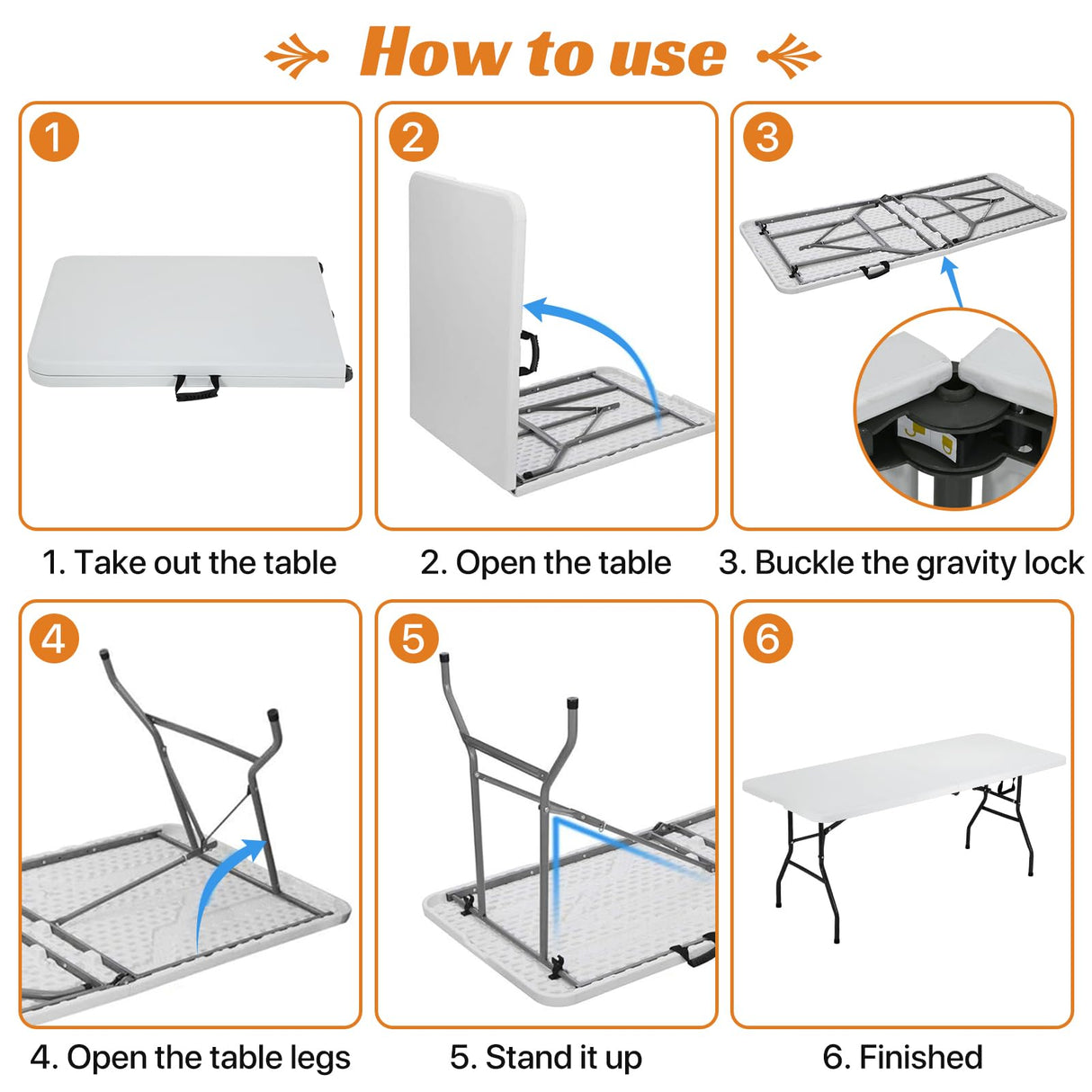 Folding Table 6 Foot Indoor Outdoor Heavy Duty Plastic Portable Fold Up Table Utility Camping Dining Party Table, Easy to Assemble, White Dkeli