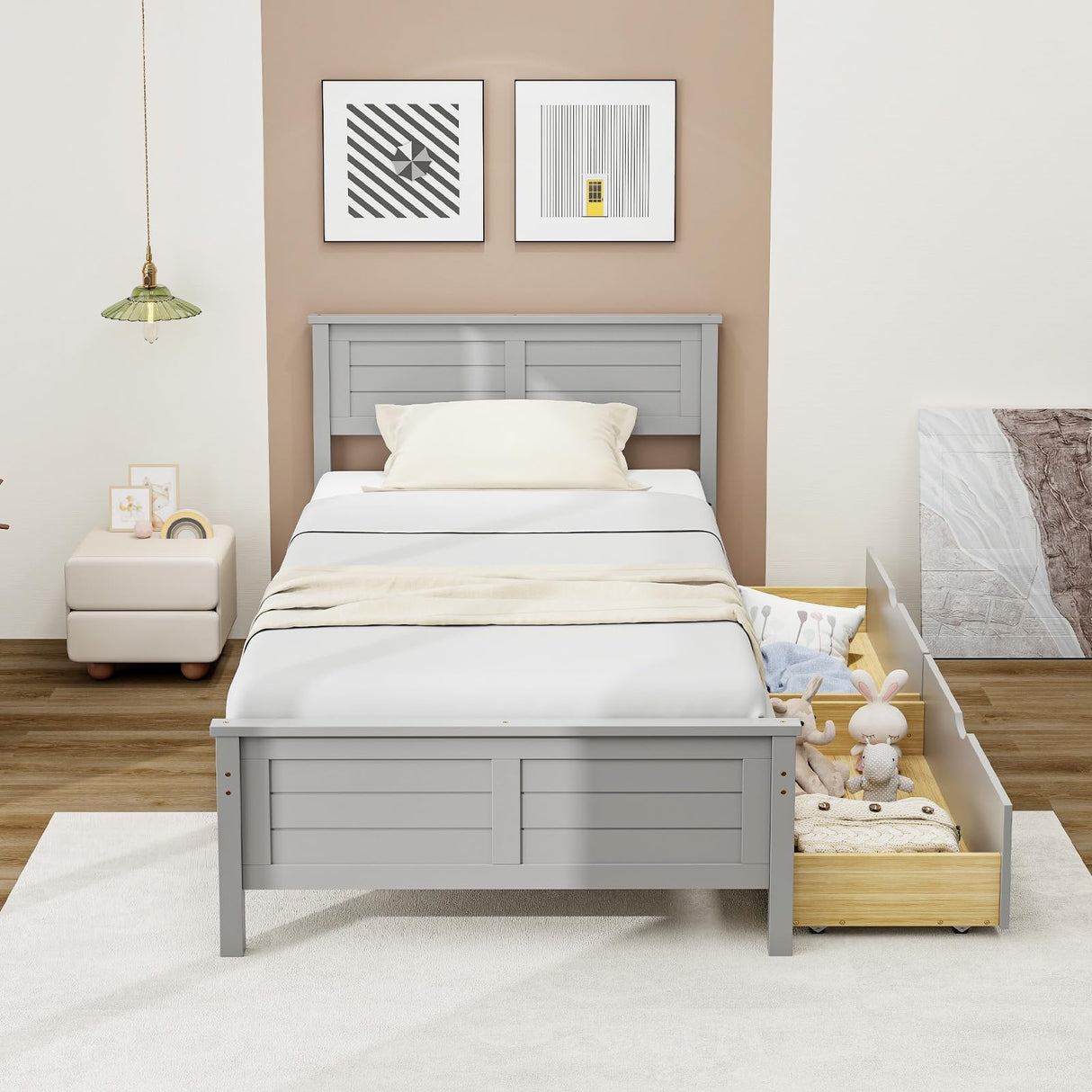Giantex Grey Twin Platform Bed with 2 Storage Drawers and Solid Wood Headboard Giantex