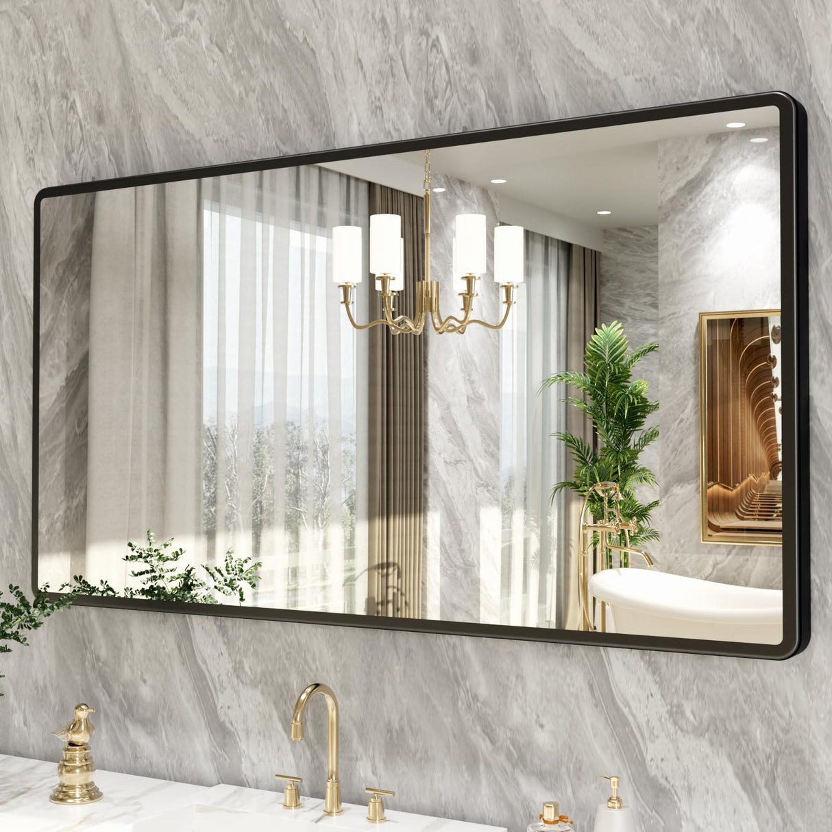 pertetey New Upgrade 55X30 Inch Wall Mounted Bathroom Mirror, Black Metal Frame Rounded Rectangle Mirror, Bathroom Vanity Mirror with Tempered Glass for Washroom Bedroom Living Room pertetey