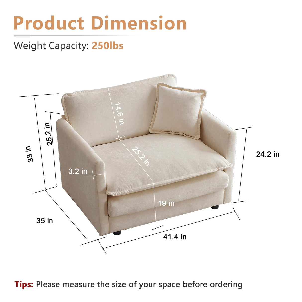 mikibama 41.4" W Single Seat Sofa, Chenille Comfy Deep Upholstered Couch Armchair with Toss Pillow for Living Room Bedroom Office Apartment, Light Coffee mikibama