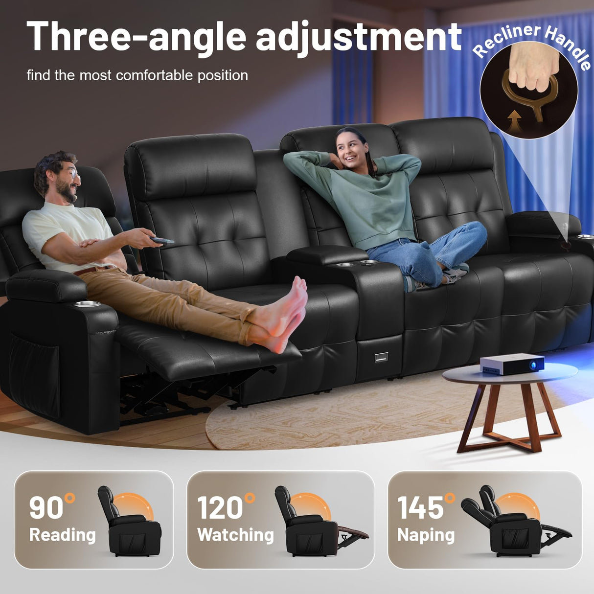 Massage Loveseat Recliner, PU Leather Home Theater Seating with Center Console, USB Charging & Cup Holders, Ergonomic Couch Sofa for Movie or Gaming (Black, 4-Seater) TOMOSLTER