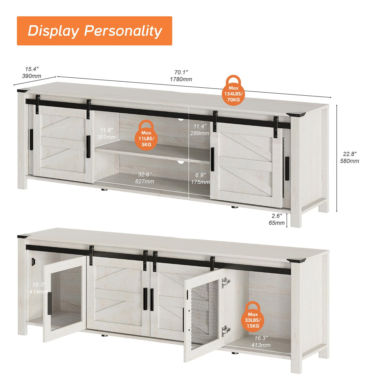 WAMPAT Farmhouse TV Stand for ups to 75 inch TV, 70" Wood Sliding Barn Door Media TV Console Table with Storage shelf, Entertainment Center for Living Room Bedroom,Antique White WAMPAT