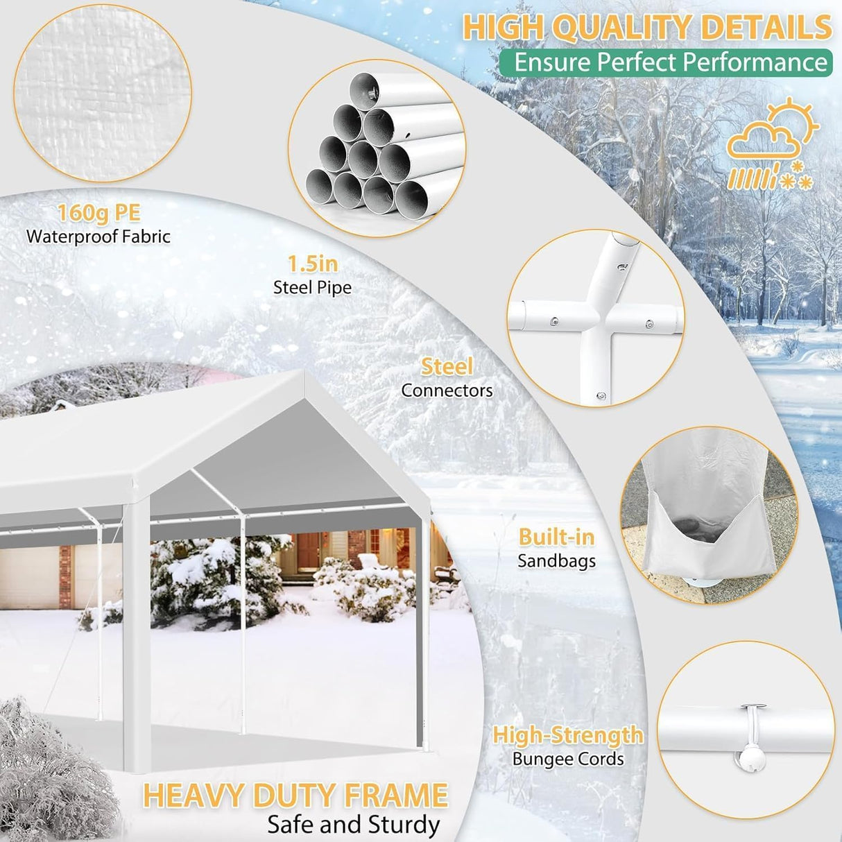 COBIZI Carport 10x20ft Heavy Duty Portable Garage, 2.0 Powder Coated Frame(Better Than Galvanized), Waterproof Shelter with Built-in Sandbags, for Car/Boat/SUV, White COBIZI