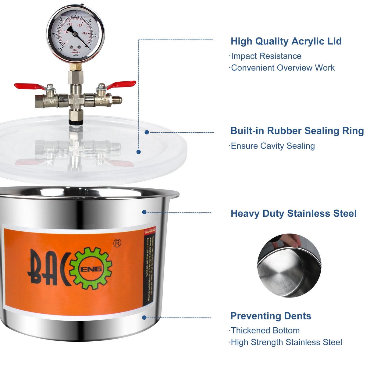 BACOENG 2 Quart Stainless Steel Vacuum Chamber Kit for Degassing Resin, Silicone and Epoxies BACOENG