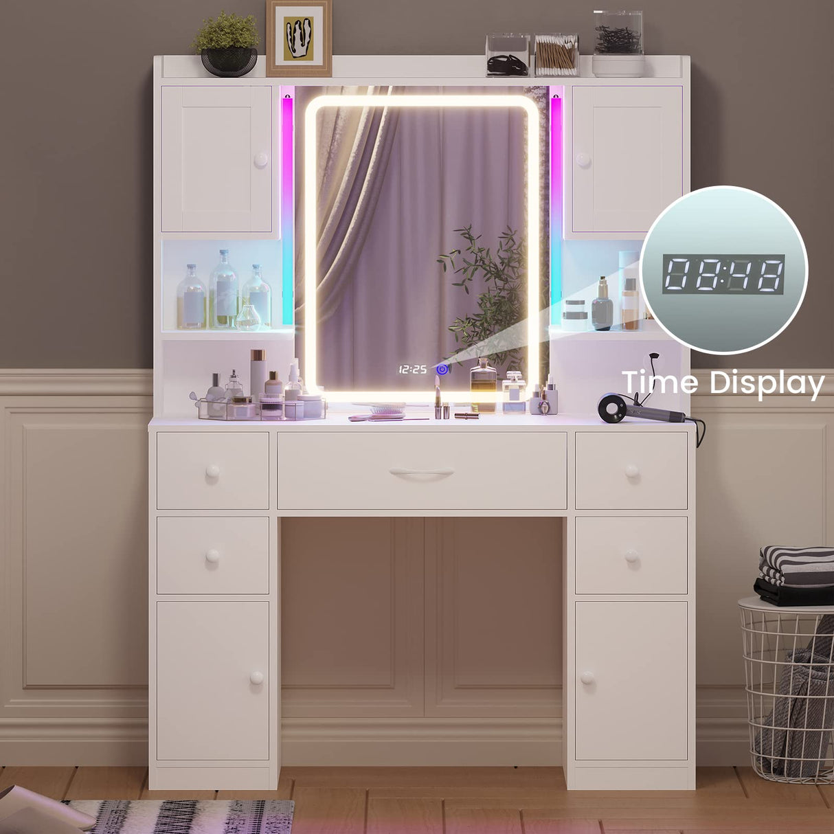 Tiptiper Large Vanity Desk with Mirror and Lights, Makeup Vanity with Lights and Charging Station, Vanity Table with Smart Mirror with Time Display, Makeup Table with 5 Drawers, White Tiptiper
