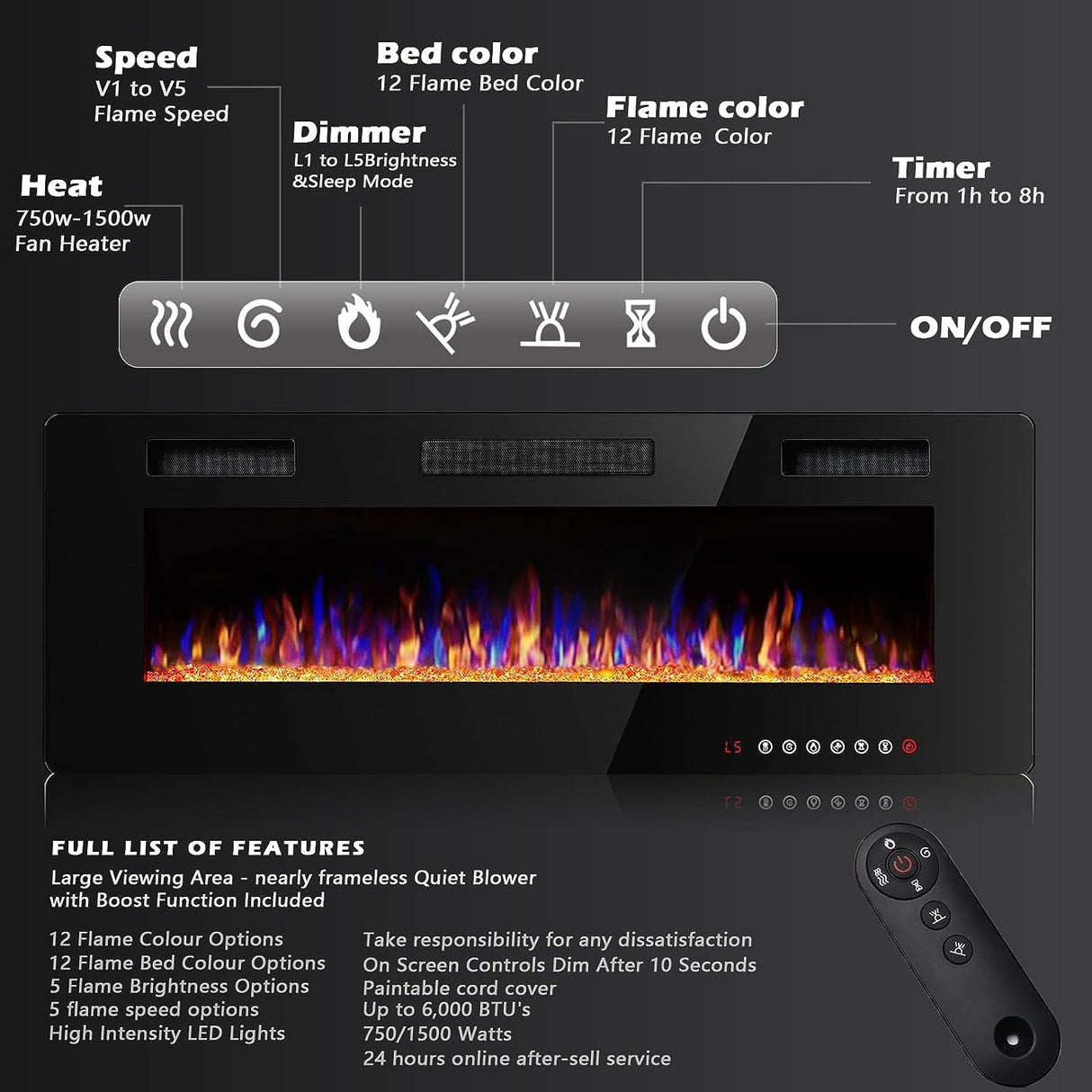 BOSSIN 50 inch Ultra-Thin Silence Linear Electric Fireplace, Recessed Wall Mounted Fireplace, Fit for 2 x 4 and 2 x 6 Stud, 12 Adjustable Flame Color & Speed,Touch Screen Remote BOSSIN