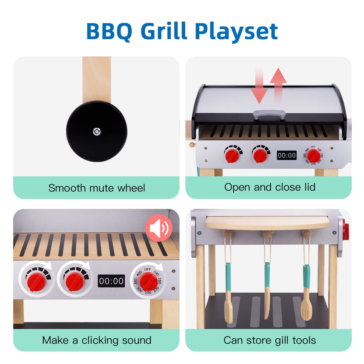 OOOK Wooden Play Barbecue Toy Grill, Kids Grill Playset with Play Food and Grilling Tools, Play Kitchen Accessories for Toddlers Boys Girls Age 3+ OOOK