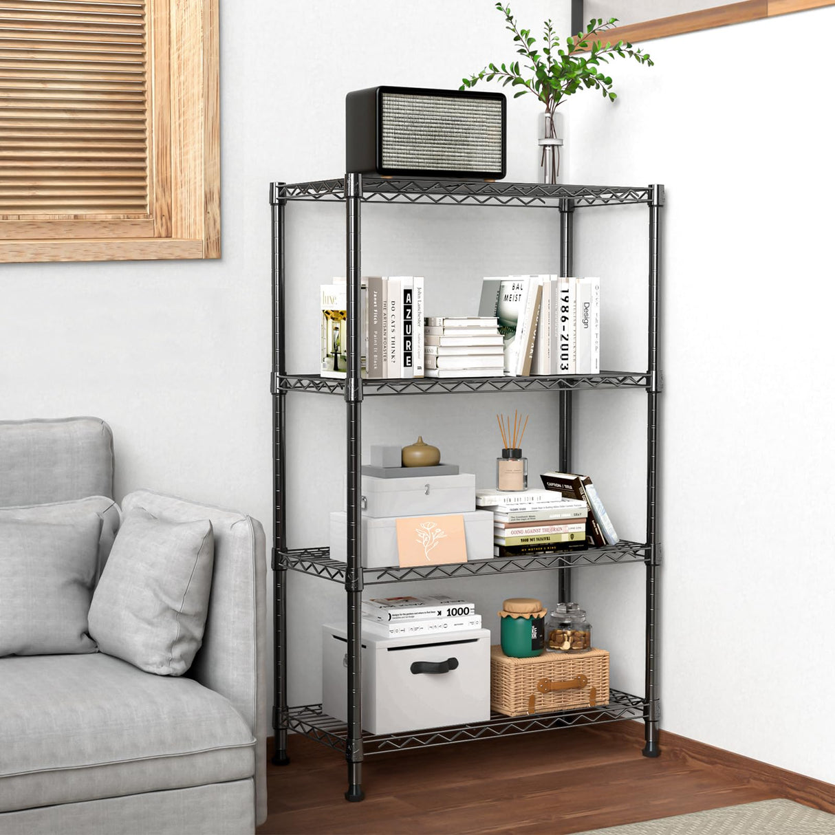 M MZG 1000 lbs Storage Shelving Steel Heavy Duty 4-Tier Utility Shelving Unit Steel Organizer Wire Rack for Home,Kitchen,Office,Black (13.7" D x 23.6" W x 53.4" H) M MZG