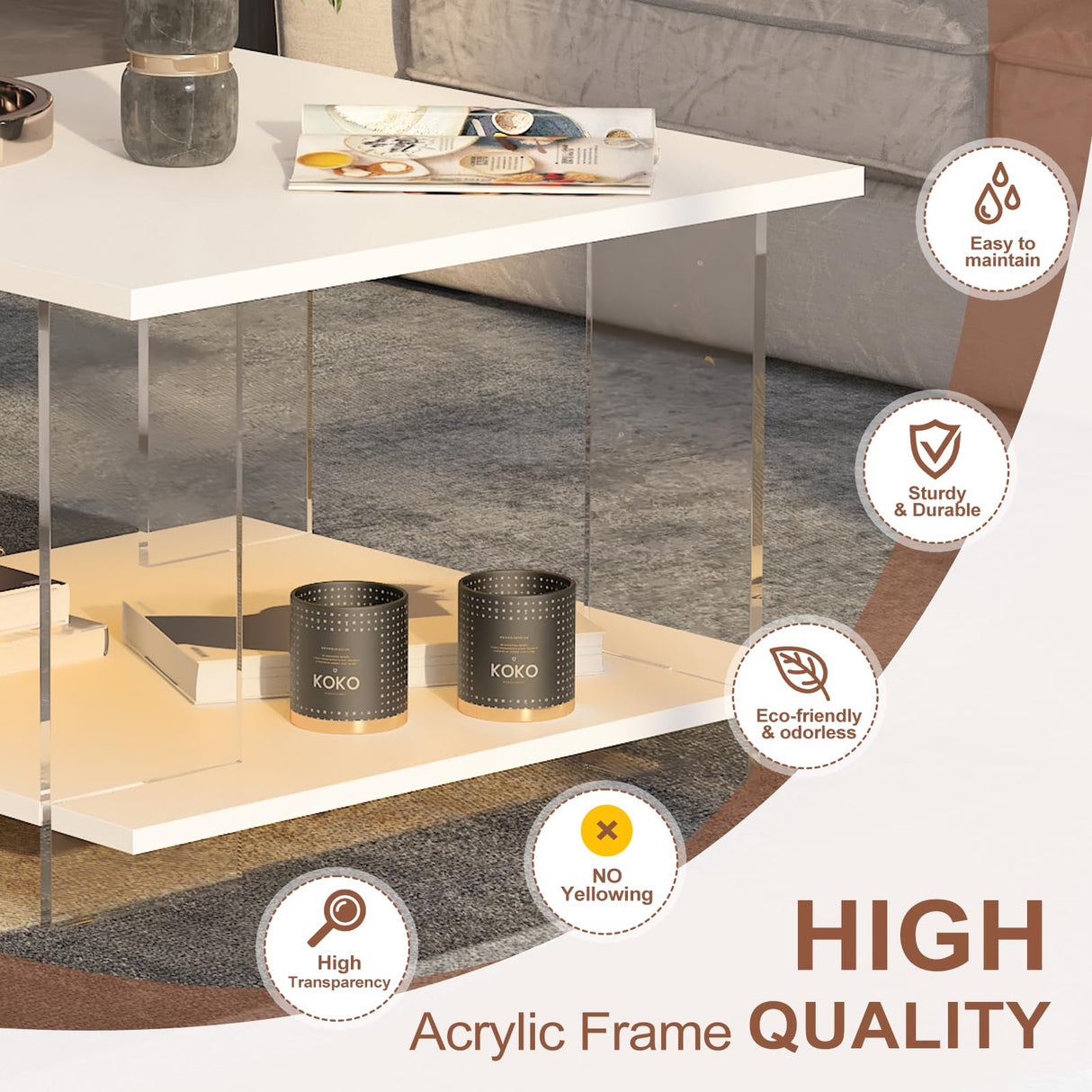 HedoAjim 24" Acrylic Coffee Table with White Wood Tabletop, Minimalist Stylish Modern Square Center Table for Living Room,Led Living Room Table with Storage Shelf & Acrylic Frame for Small Space HedoAjim