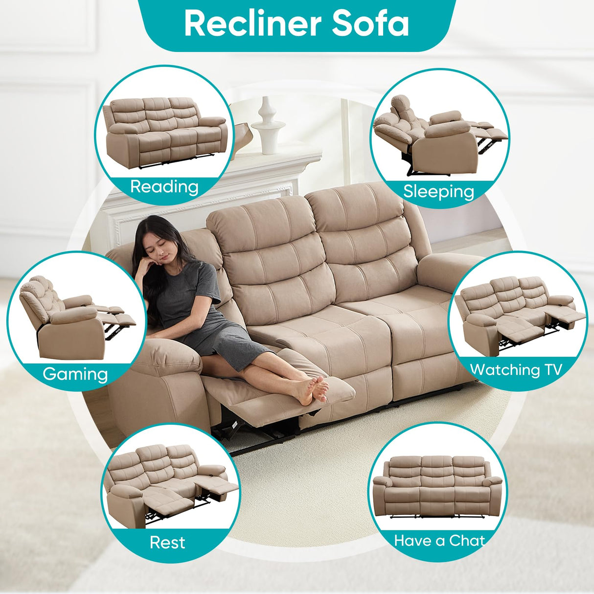 BALUS Faux Leather Reclining Sofa - 3 Seater Manual Recliner with Built-in Storage & Cup Holders, 3 Recliner Couch with Console for Living Room/Office/Home Theater, Beige BALUS