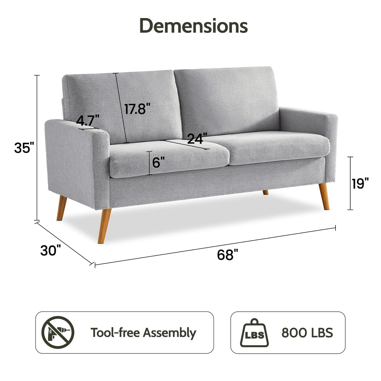 WEUP 68" Loveseat Sofa Light Grey Linen Couch, Mid Century Modern Love Seat Couches for Living Room, Small Loveseat for Bedroom Office, Comfy Sofa with Spring Cushion, Solid Wood, Tool-Free Assembly WEUP
