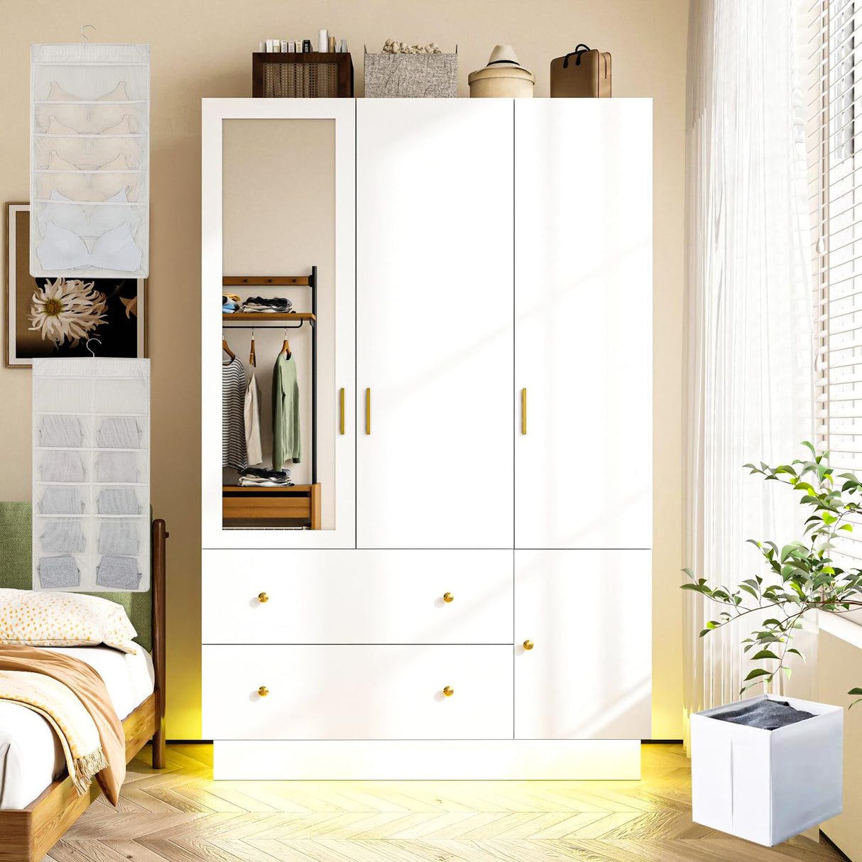 DalyLuxa 3 Doors Armoire Wardrobe Closet with Mirror & Organizers, LED Wooden Bedroom Armoires with Hanging Rod for Bedroom, White DalyLuxa