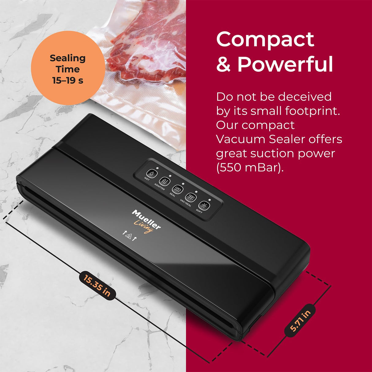 MuellerLiving Vacuum Sealer Machine, Compact Vacuum Sealer Kit with Bags/Roll, LED Light Indicators, Preserve, Marinate, Sous Vide, Black Mueller