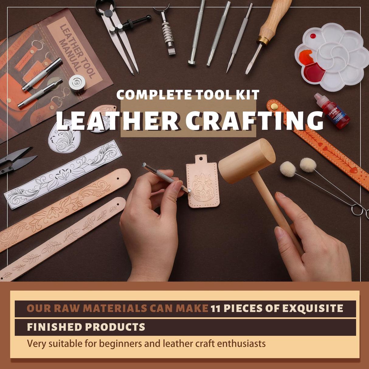 Leather Crafting Kit: Leather Working Tools and Supplies for DIY Craft Beginners Stamping Dyeing Carving Sewing Edge Sealing with Video Tutorials for Earrings Wallet Keychain Wristband Bookmark CBHGFEA