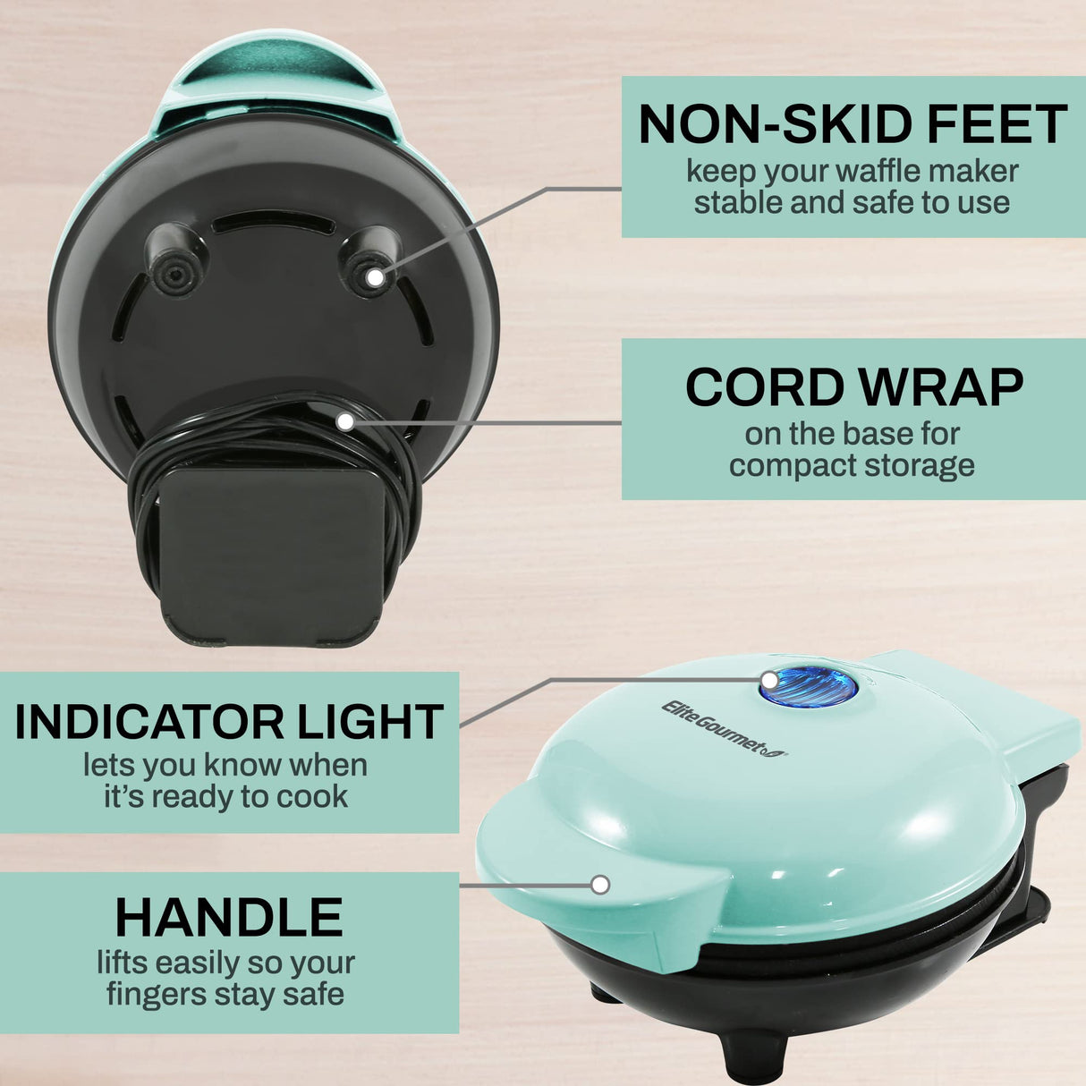 Elite Gourmet EWM015M Electric Nonstick 4.5-inch Mini Waffle Maker, Belgian Waffles, Compact Design, Hash Browns, Keto, Snacks, Sandwich, Eggs, Easy to Clean, Mint Elite Gourmet