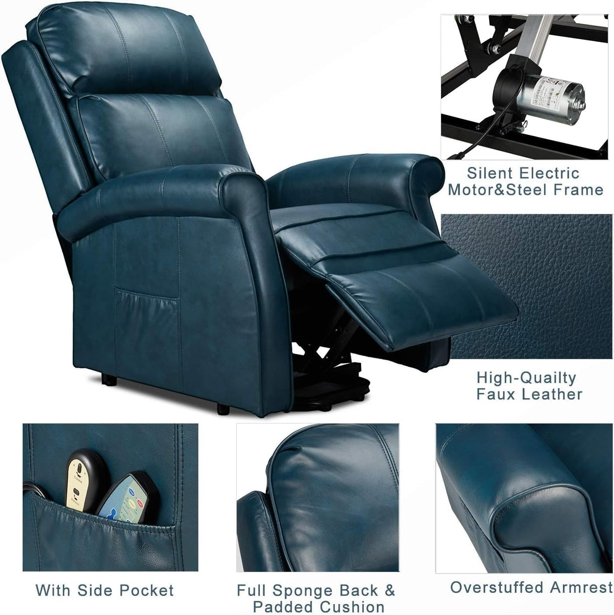 Esright Electric Power Lift Recliner Chair, with Side Pocket & Remote Control, Faux Leather Electric Recliner Chairs for Elderly, Blue Esright