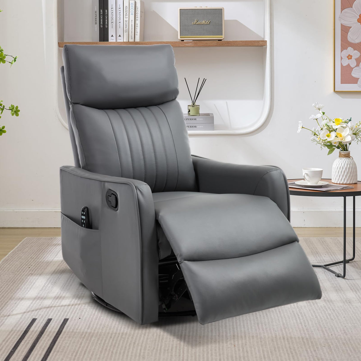Trustyue Swivel Rocker Recliner Chair, 360° Swivel Recliner with Heat and Massage, Rocker Recliner Nursery Glider Chair with Side Pockets for Living Room (Grey, Faux Leather) Trustyue