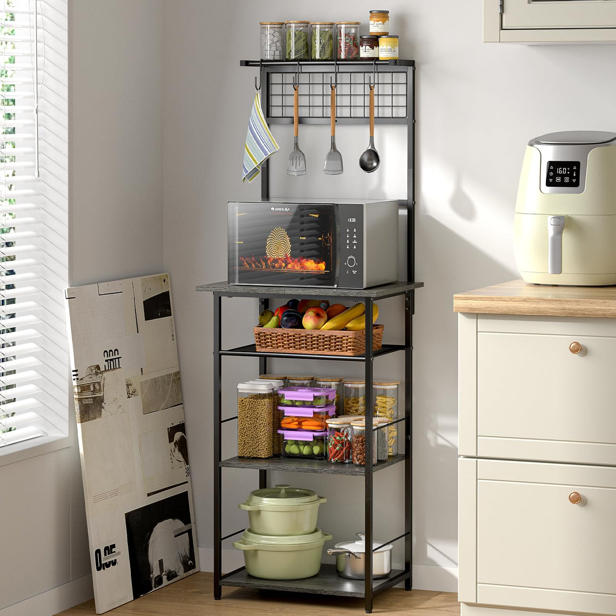5 Tier Coffee Bar Station, Coffee Stand Station with 4 S-Shaped Hooks, Farmhouse Corner Coffee Bar for Small Spaces, Bakers Rack for Kitchen, Entryway, Living Room, 13.43"D x 18.93"W x 53.31"H,Gray DAOUTIME