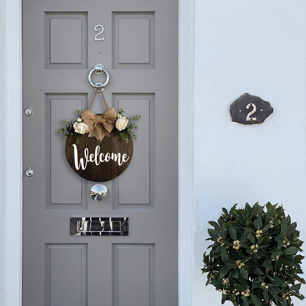 MayAvenue Welcome Wreaths Decor Sign Front Door, Round Wood Hanging Sign with Ribbon Bow and Artificial Green Leaves, Farmhouse Porch Decorations for Home Thanksgiving, Brown DOFAFALA