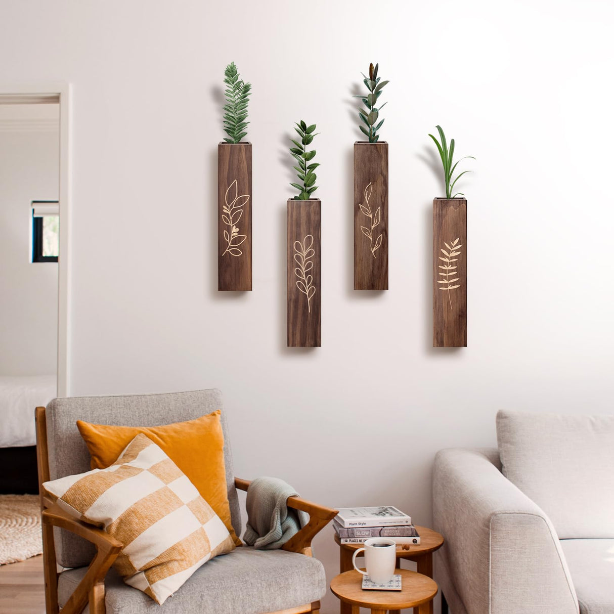 BOTOP Wood Wall Planter Indoor Wall Decor for Living Room Bedroom, 4 Pack Pocket Vases for Dried Flowers Faux Greenery Plants BOTOP
