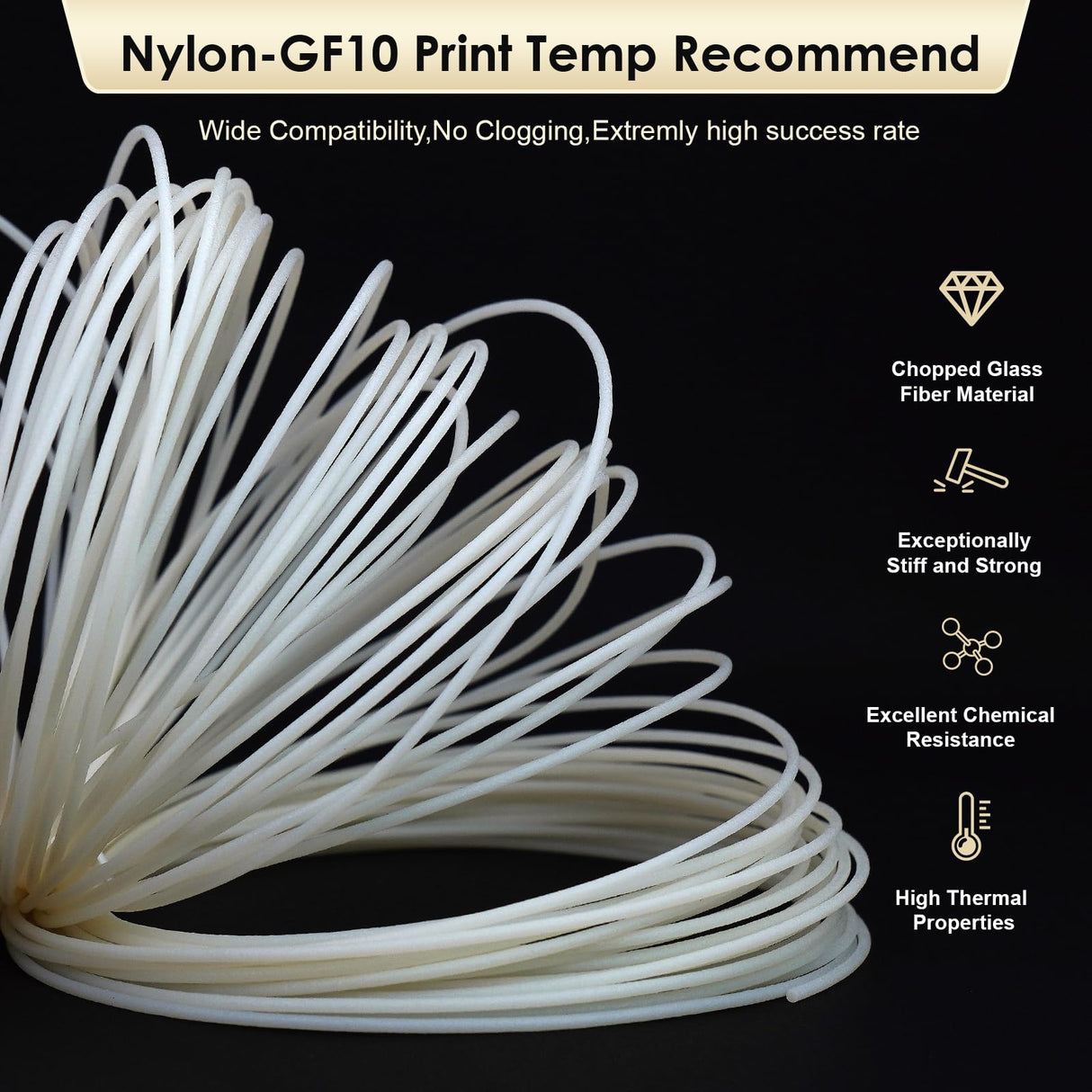 YXPOLYER Nylon Glass Fiber Reinforced Nylon Glass Filled Filament 1.75mm PA6-GF, 50gram Sample yxpolyer