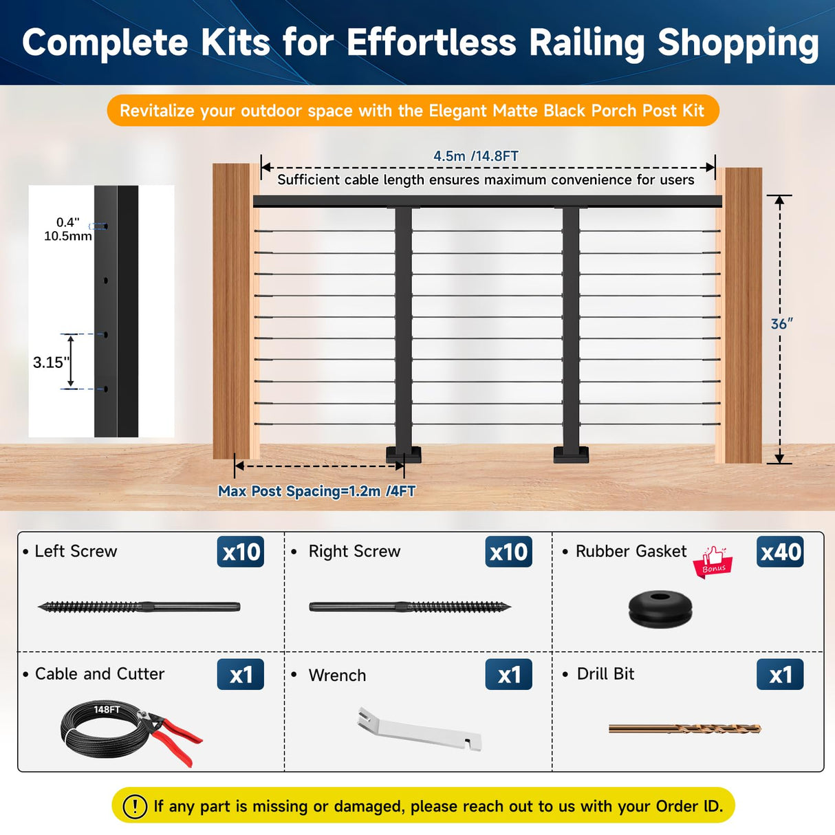 Gyykzz 2 Pack Porch Cable Railing Post Kits with Handed Thread Swage Lag Screws for Wood Post, 36" Black Stainless Steel Level Line Railing Post System, Fixed Top Complete Railing Kits for Wood Porch Gyykzz