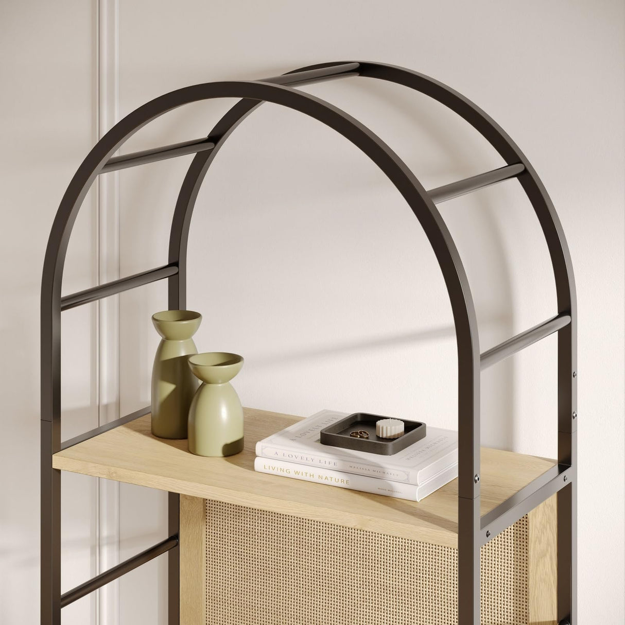 Stead 4-Tiered Arched Book Shelf - Light Oak & Natural Rattan, Metal Frame - Industrial Arched Bookcase & Fluted Bookshelf Stead