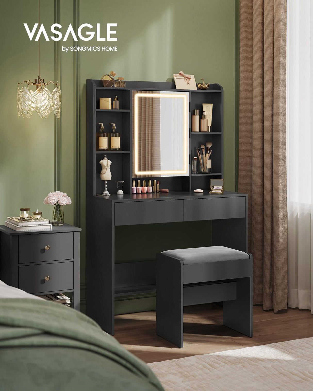VASAGLE Vanity Desk with Mirror and Lights, Makeup Vanity with Upholstered Vanity Stool, Dimmable LED Lights, Adjustable Shelves, 7 Compartments, 2 Drawers, for Bedroom, Ink Black URDT131B01 VASAGLE