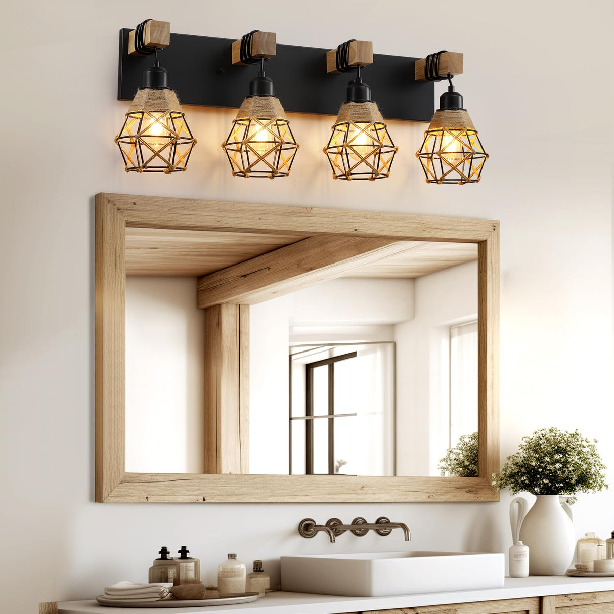 Rustic Style Wood Bathroom Wall Sconce,4 Light Bathroom Vanity Light Fixtures, with Boho Wicker Twine Lampshade,Suitable for Bedroom, Hallway, and Living Room,Rattan Black Farmhouse Wall Sconce LmnLvn
