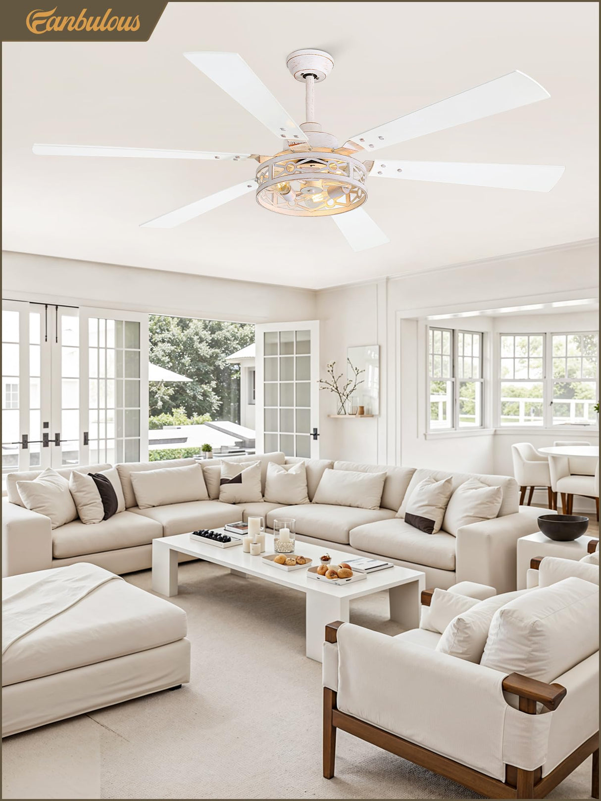 Fanbulous 65 Inch Ceiling Fan with Lights, Farmhouse Caged Ceiling Fans with Remote, White Industrial Ceiling Fans with Quiet Reversible DC Motor, Large Ceiling Fan for Living room, Bedroom Fanbulous