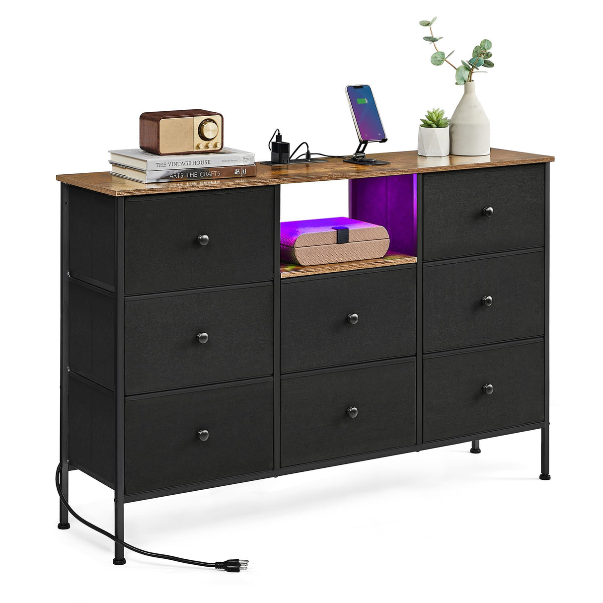 SONGMICS Dresser with Power Outlets and LED Lights, Fabric Chest of Drawers, 25 Colors, 8 Drawers, TV Stand for up to 60 Inch TVs, 11.8 x 47.2 x 31.3 Inches, Ink Black and Rustic Brown ULTS518B01 SONGMICS