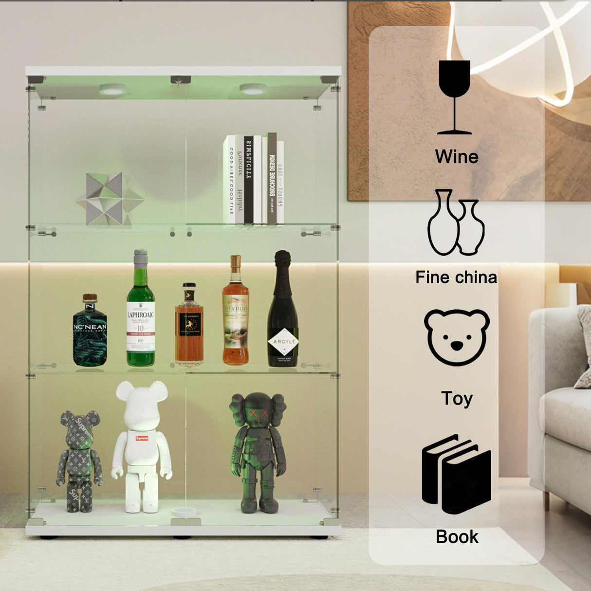 TRJQBCC 49" H 2 Doors Tempered Glass Display Cabinet with LED Light, 3-Shelf Wooden Curio Storage Cabinet with Adujust Floor Feet, Freestanding Lockable Display Storage Case Bookshelf for Home(White) TRJQBCC